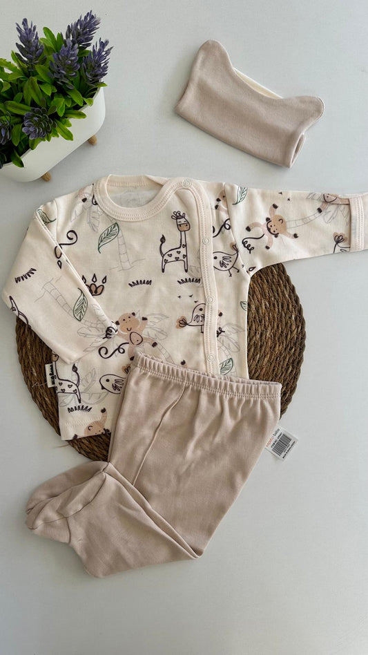 Maymun Baskılı Krem 3'lü Erkek Bebek Takım