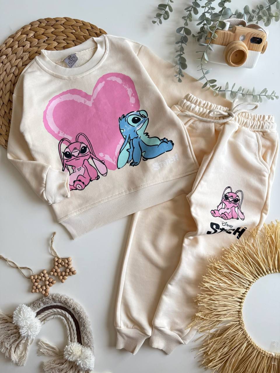 Stich Baskılı Kız Çocuk Bej Takım