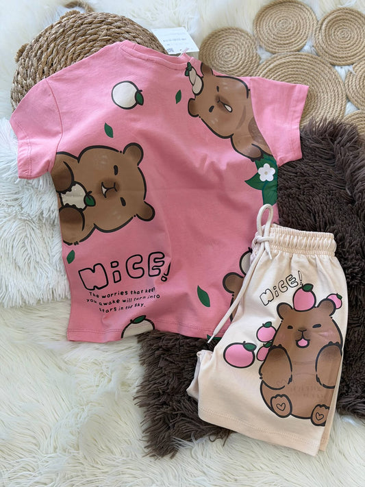Capybara Pembe-Ekru Şortlu Takım