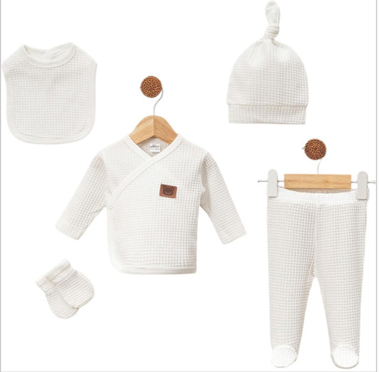 Waffle KumaşBeyaz Unisex  5'li Hastane Çıkış Zıbın Takımı
