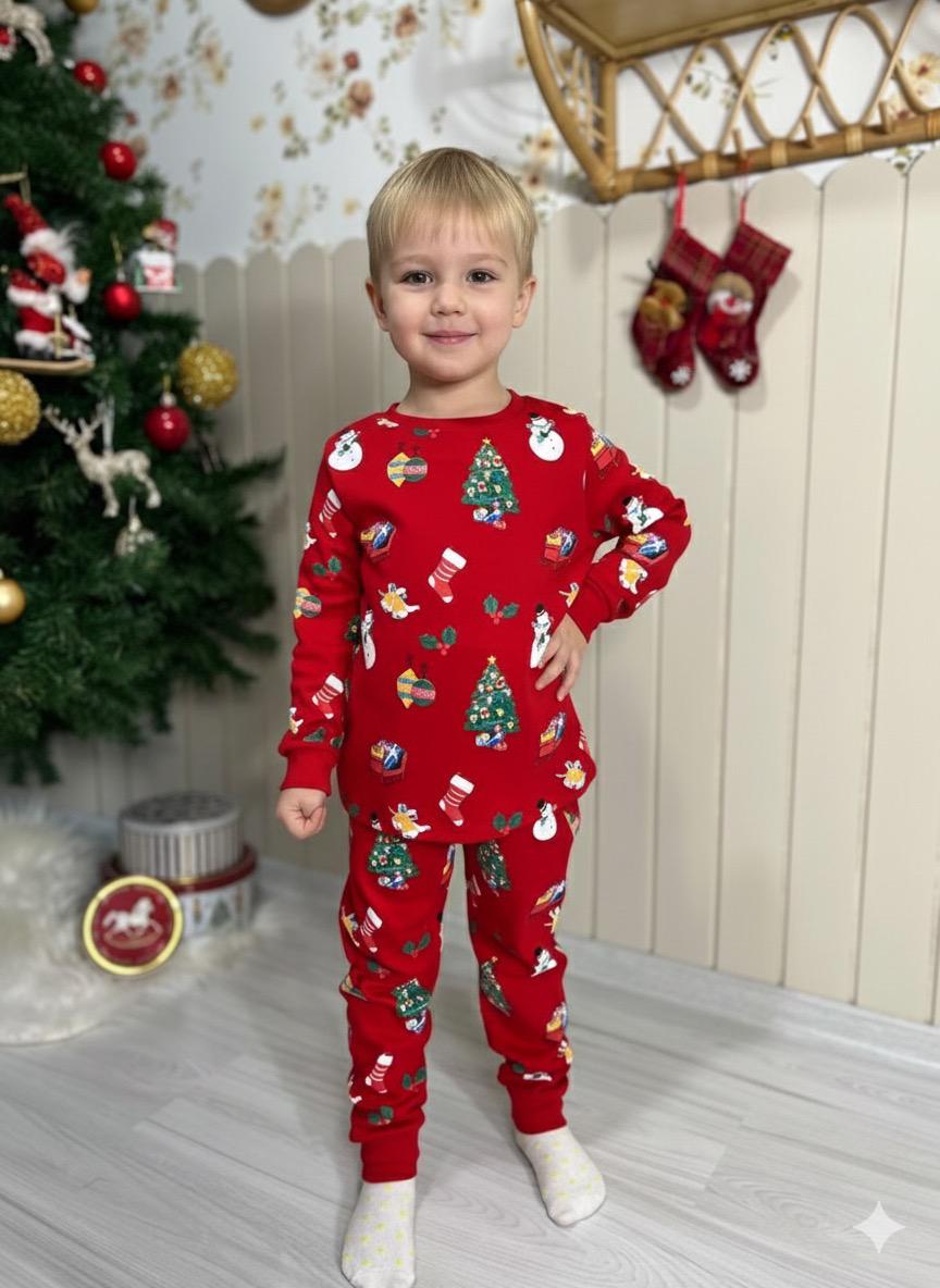 Yeni Yıl Temalı Unisex Kırmızı Pijama Takımı