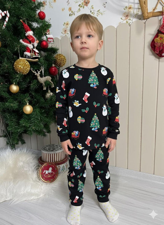 Yeni Yıl Temalı Unisex Siyah Pijama Takımı