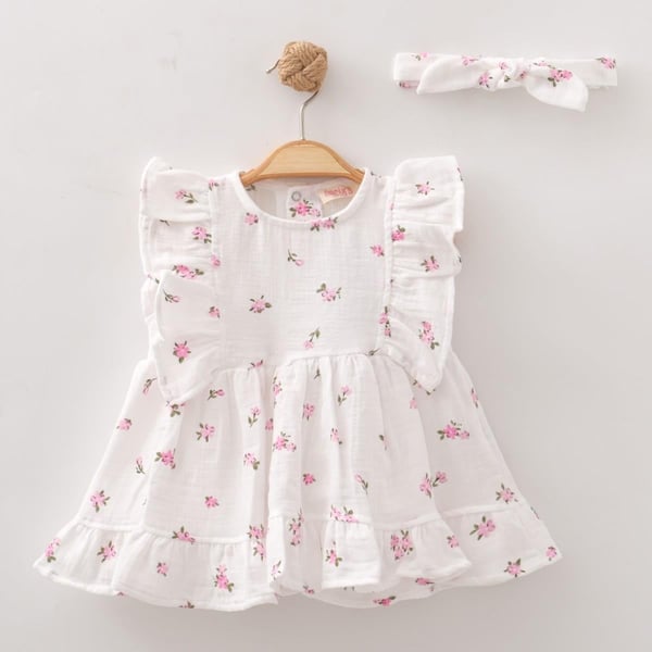 Kız Bebek Bandana Hediyeli Çiçekli Müslin Elbise