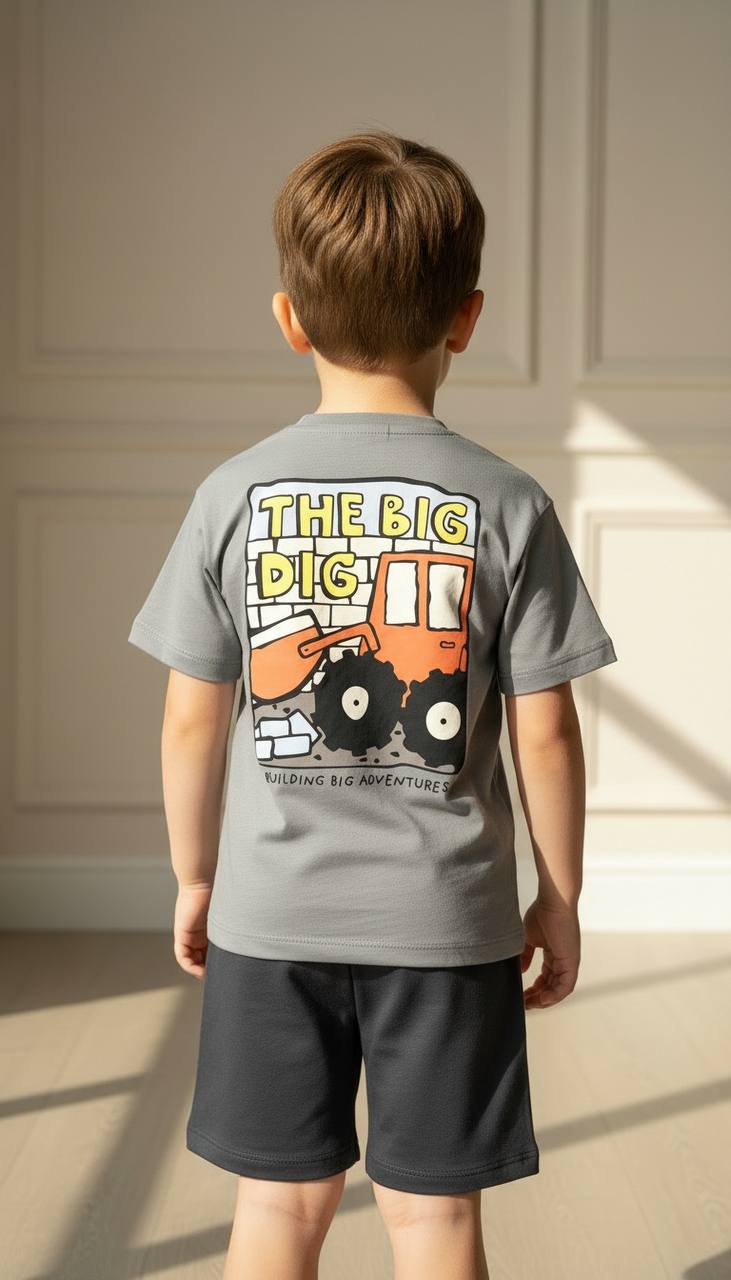 The Big Dig Slogan Baskılı Gri Şortlu Takım