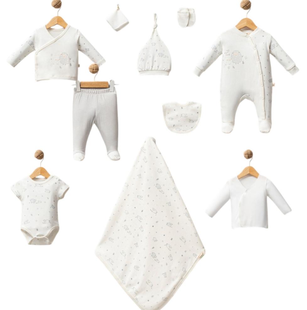 Organik Kumaş Kuzu Desenli 10 Parça Unisex Hastane Çıkışı Bebek Takım