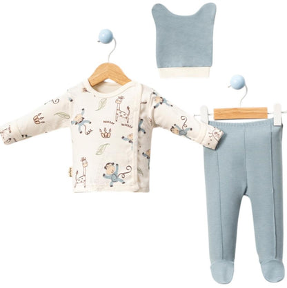 Maymun Baskılı Mavi 3'lü Erkek Bebek Takım