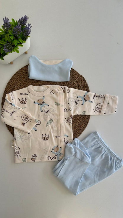 Maymun Baskılı Mavi 3'lü Erkek Bebek Takım