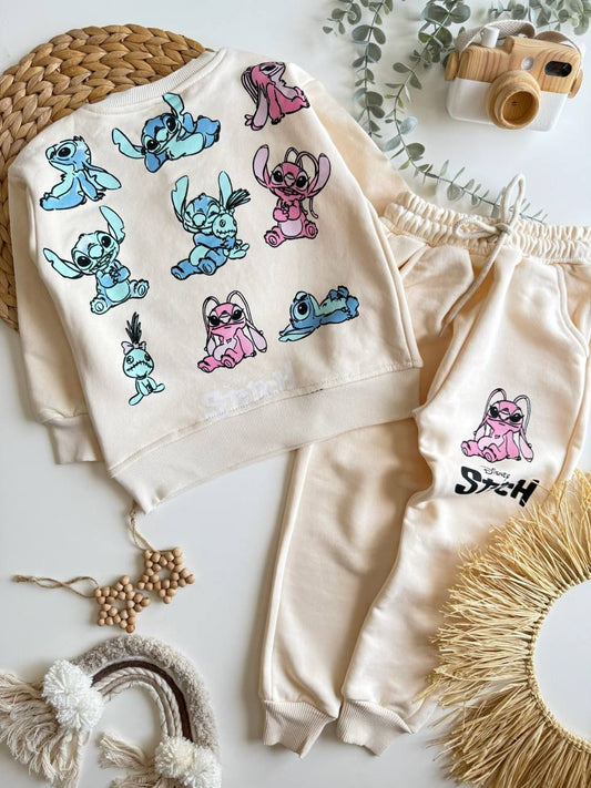Stich Baskılı Kız Çocuk Bej Takım