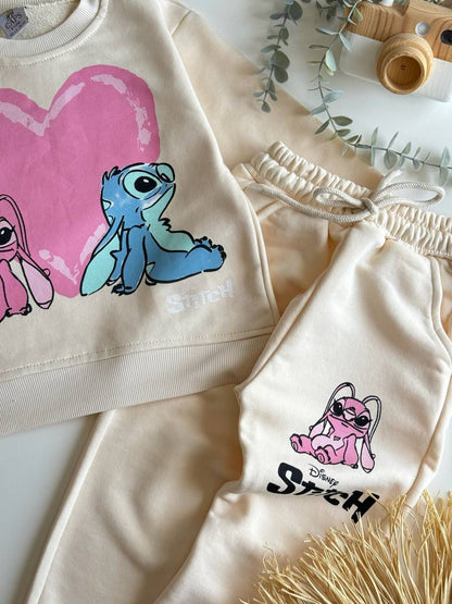 Stich Baskılı Kız Çocuk Bej Takım
