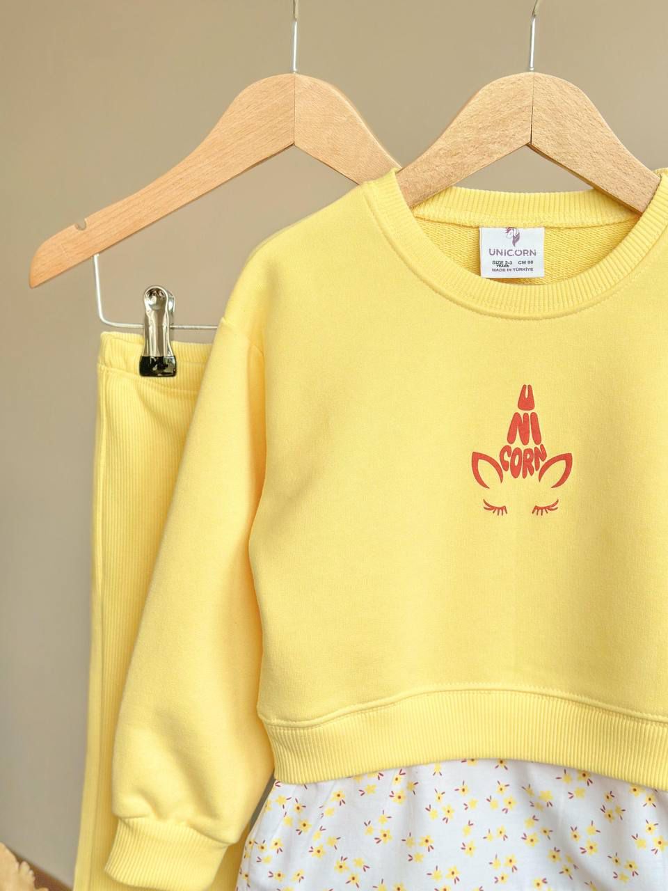 Unicorn Baskılı Sarı Gömlek Detay Ribana Taytlı Kız Çocuk Takım