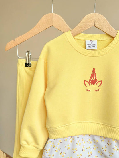 Unicorn Baskılı Sarı Gömlek Detay Ribana Taytlı Kız Çocuk Takım