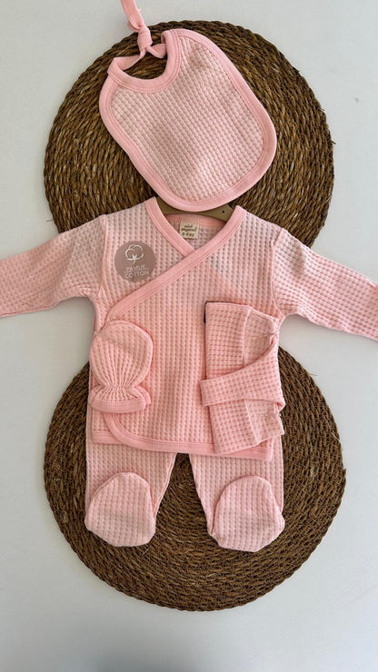 Waffle Kumaş Pembe Kız Bebek 5'li Hastane Çıkış Zıbın Takımı