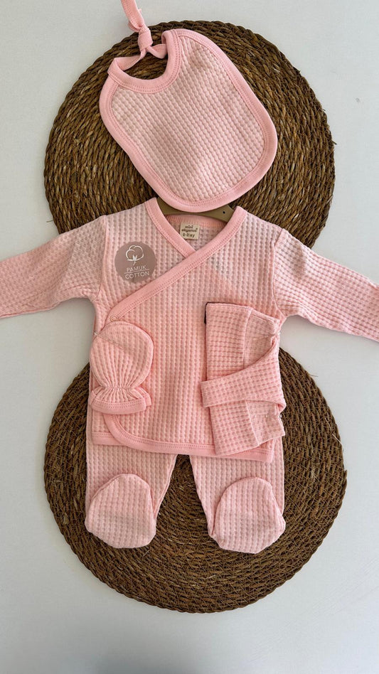 Waffle Kumaş Pembe Kız Bebek 5'li Hastane Çıkış Zıbın Takımı