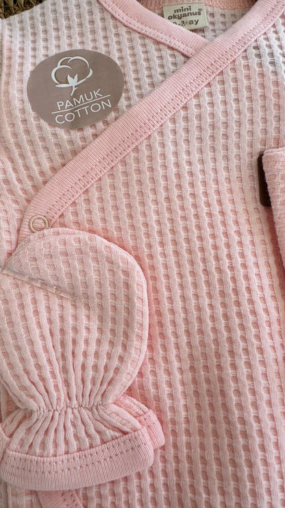 Waffle Kumaş Pembe Kız Bebek 5'li Hastane Çıkış Zıbın Takımı
