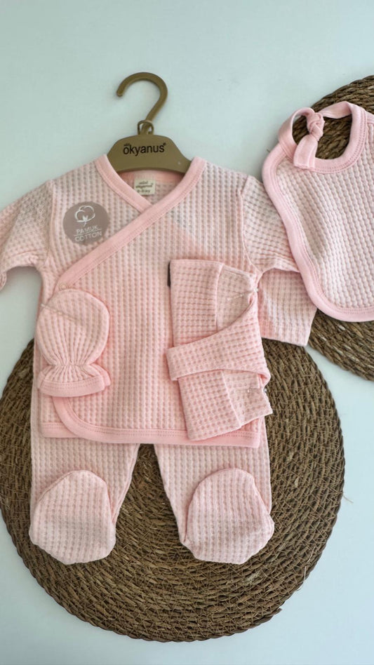 Waffle Kumaş Pembe Kız Bebek 5'li Hastane Çıkış Zıbın Takımı