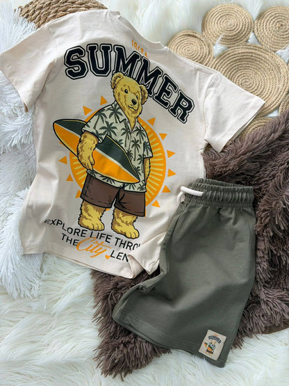 Summer Slogan Baskılı Haki Şortlu Takım