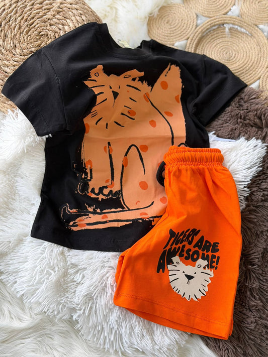 Tiger Baskılı Erkek Çocuk Turuncu  Şortlu Takım