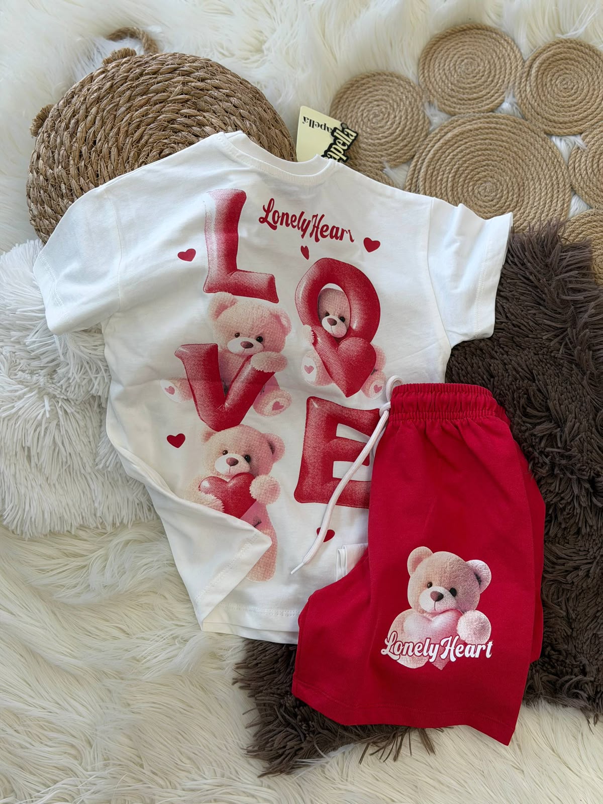 Lovely Heart Ayıcık Baskılı Kız Çocuk Kırmızı Şortlu Takım