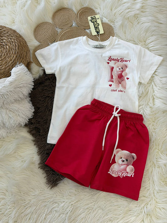 Lovely Heart Ayıcık Baskılı Kız Çocuk Kırmızı Şortlu Takım