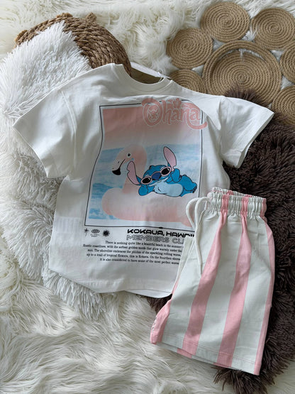 Stich Baskılı Pembe Çizgili Şortlu Kız Çocuk Takım