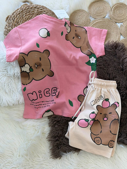 Capybara Pembe-Ekru Şortlu Takım