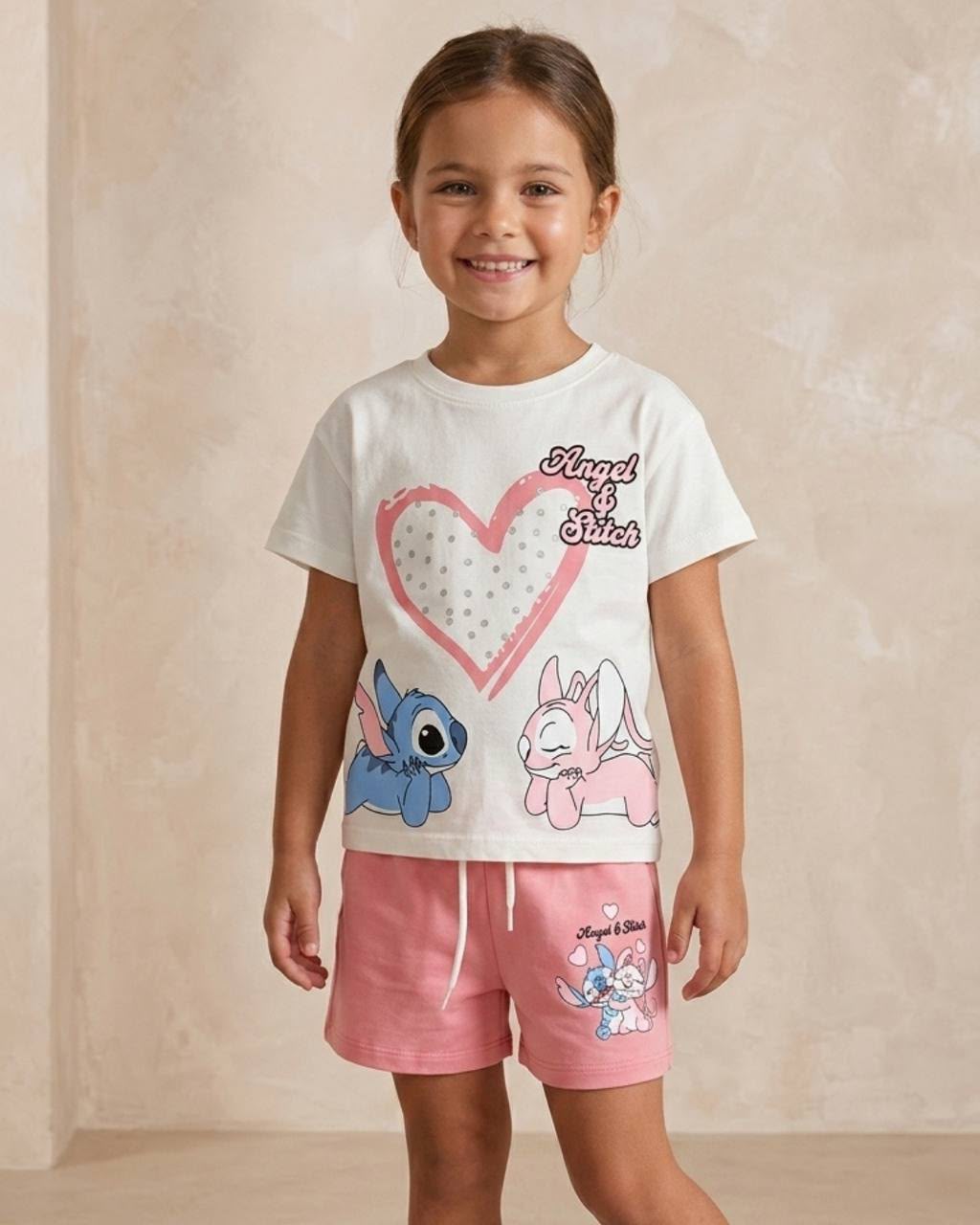 Stich Baskılı Ekru-Pembe Kız Çocuk Şortlu Takım