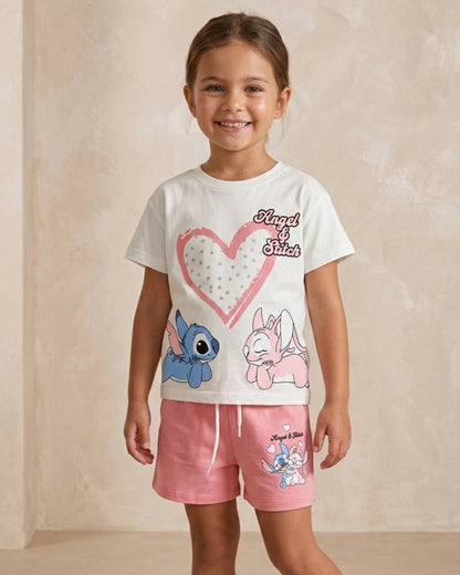 Stich Baskılı Ekru-Pembe Kız Çocuk Şortlu Takım