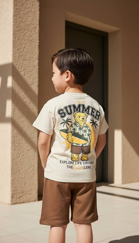 Summer Slogan Baskılı Kahve Şortlu Takım
