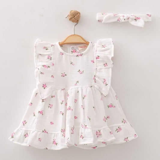 Kız Bebek Bandana Hediyeli Çiçekli Müslin Elbise