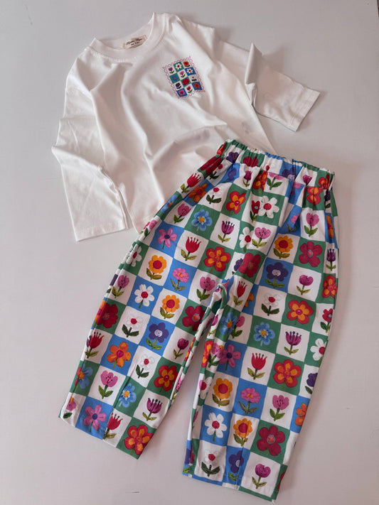 Flower Gabardin Balon Pantolonlu Kız Çocuk Takım