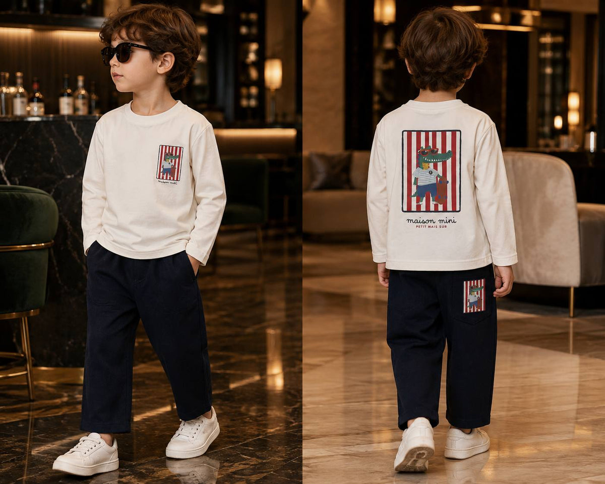 Timsah Baskılı Gabardin Pantolonlu Erkek Çocuk Takım