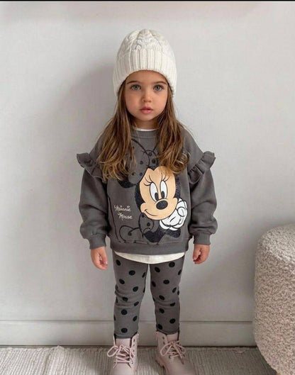 Minnie Mouse Fırfırlı Gri Kız Çocuk Taytlı Takım