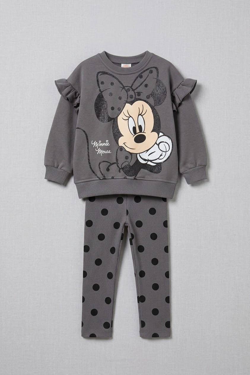 Minnie Mouse Fırfırlı Gri Kız Çocuk Taytlı Takım