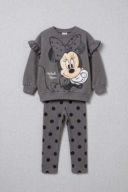 Minnie Mouse Fırfırlı Gri Kız Çocuk Taytlı Takım