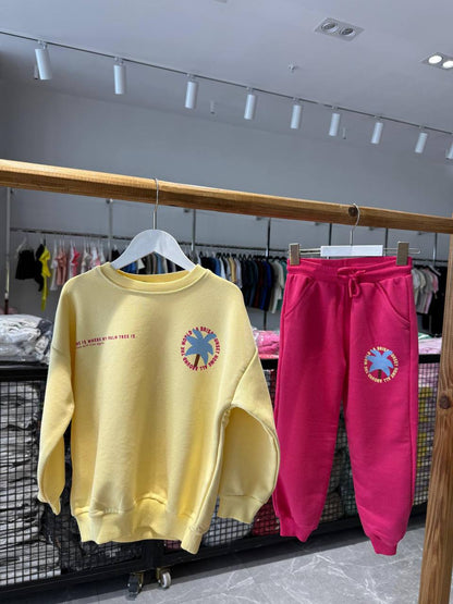 Palmiye Baskılı Sarı-Pembe Kız Çocuk Takım