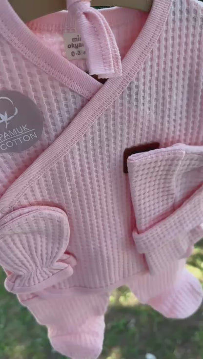 Waffle Kumaş Pembe Kız Bebek 5'li Hastane Çıkış Zıbın Takımı