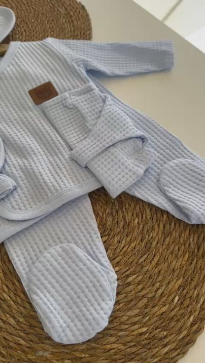 Waffle Kumaş Mavi Erkek Bebek 5'li Hastane Çıkış Zıbın Takımı